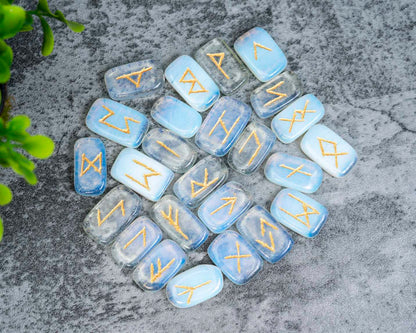 Opalite Gemstone Engraved Rune Stones Set (25 Pcs)