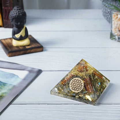Labradorite Gemstone Orgone Pyramid with Flower of Life Symbol - 2.5-3 inch - TheIndianHand
