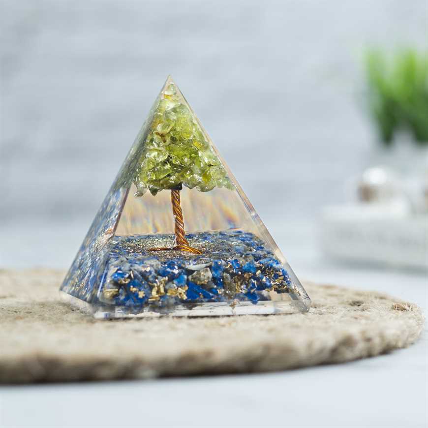 Orgone Lapis Lazuli Crystal Pyramid Filled with Peridot Tree - 60-70 mm - TheIndianHand