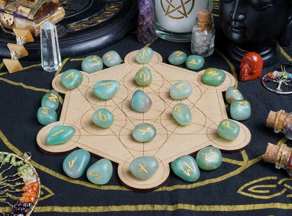 Green Aventurine Rune Stones Set Engraved