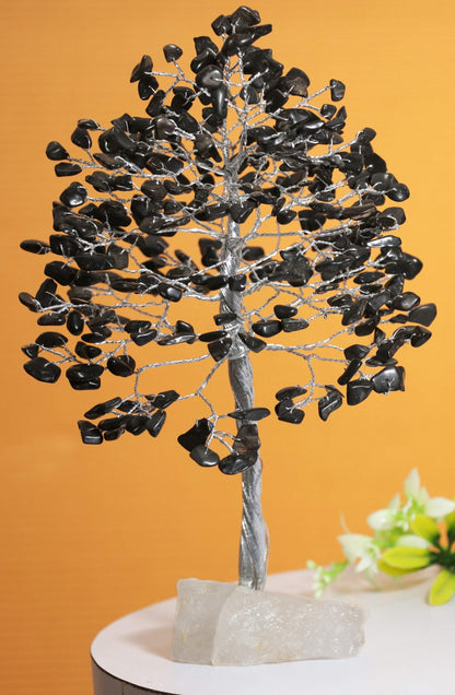Black Tourmaline Gemstone Tree of Life (Quartz Base)
