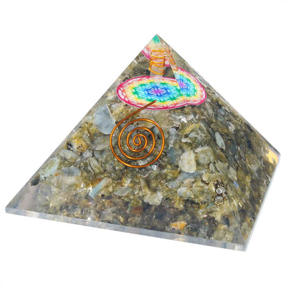 Labradorite Gemstone Orgone Pyramid with Flower of Life Symbol - 3-3.5 inch - TheIndianHand