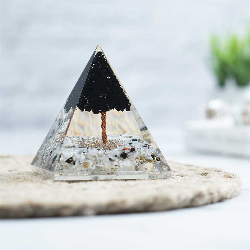 Orgone Rainbow Moonstone Crystal Pyramid Filled with Black Agate Tree - 60-70 mm - TheIndianHand