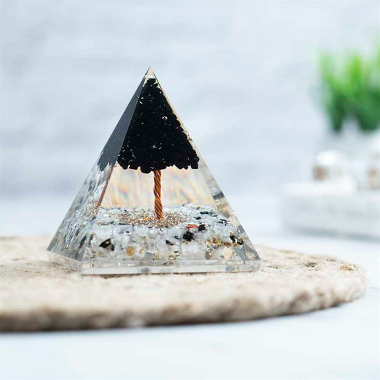 Orgone Rainbow Moonstone Crystal Pyramid Filled with Black Agate Tree - 60-70 mm - TheIndianHand