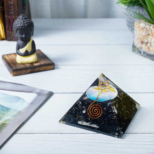 Black Tourmaline Gemstone Orgone Pyramid with Caduceus Symbol - 2.5-3 inch - TheIndianHand