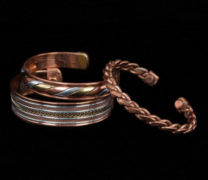 Tibetan Handcrafted Copper Bracelets - Set of 3 - Indian Pattern Yoga Jewelry