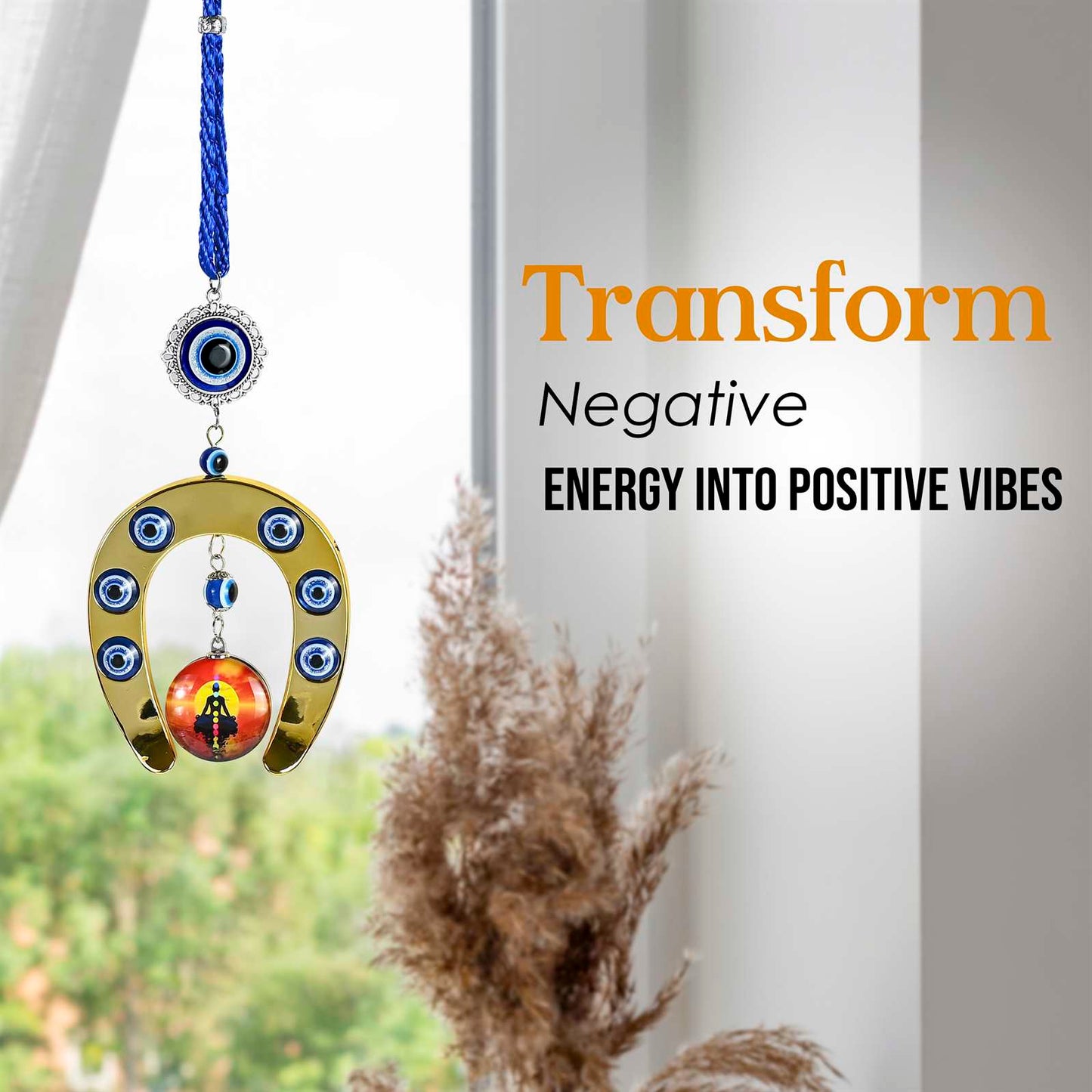 Horseshoe Evil Eye Wall Hanging with Chakra Disc for Protection