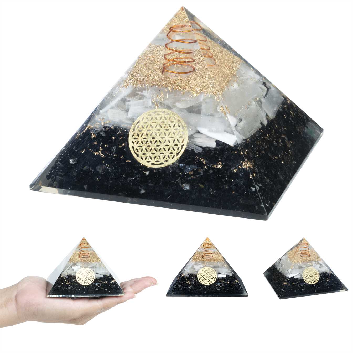 Black Tourmaline & Selenite Orgone Pyramid Crystal Point - 3 inch - TheIndianHand