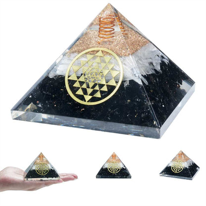 Selenite & Black Tourmaline Orgone Pyramid with Yantra Symbol - 2.5 inch - TheIndianHand