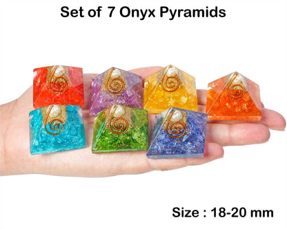 Seven Colors Orgone Pyramids White Pearl Stone Copper Spiral (Set of 7) - 1 inch Each - TheIndianHand