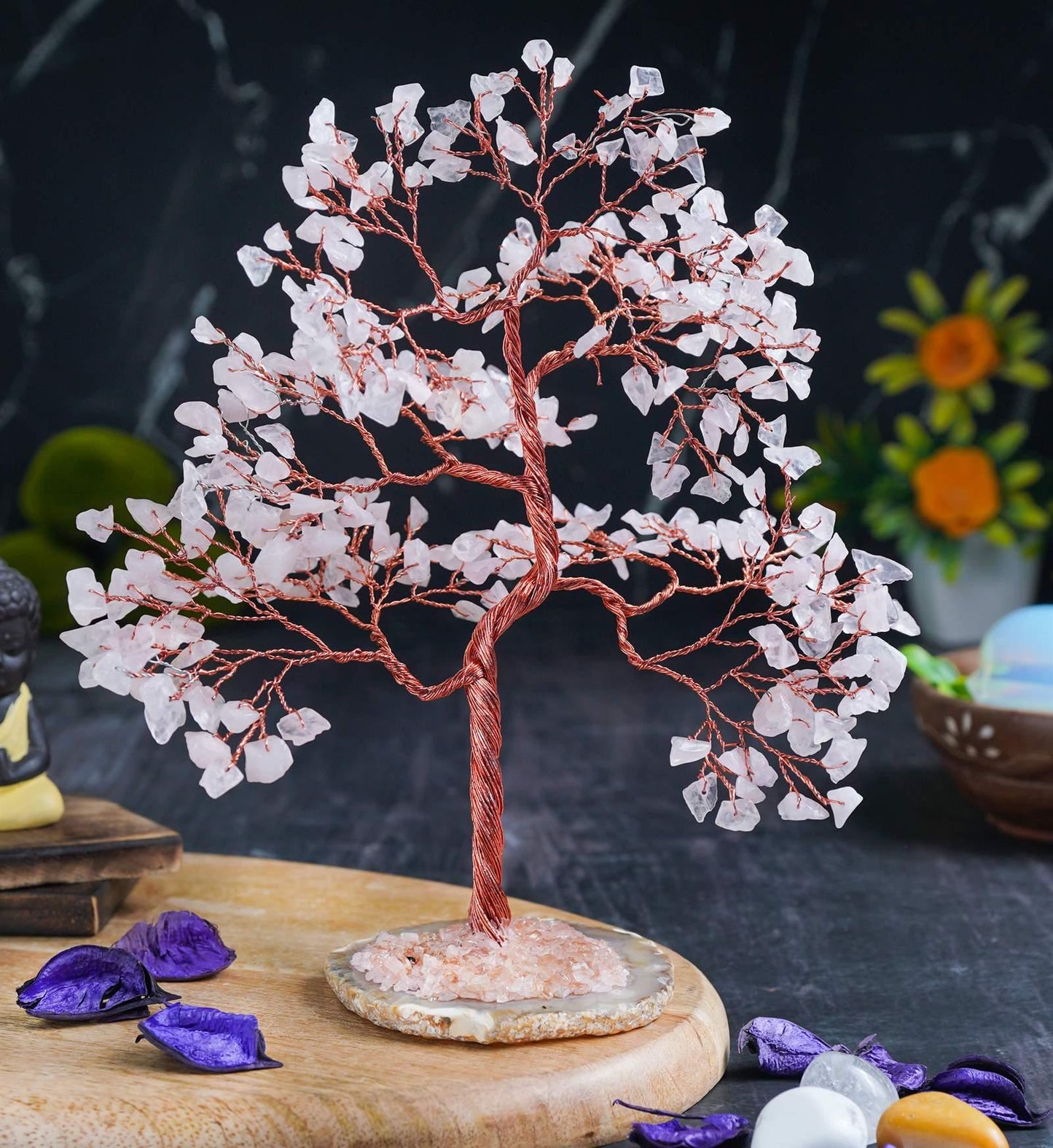 Rose Quartz Gemstone Tree of Life (Geode Agate Slice Base)