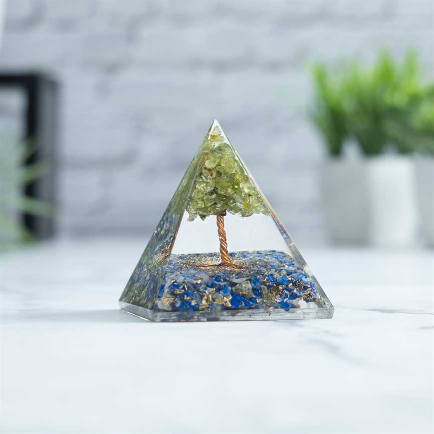 Orgone Lapis Lazuli Crystal Pyramid Filled with Peridot Tree - 60-70 mm - TheIndianHand