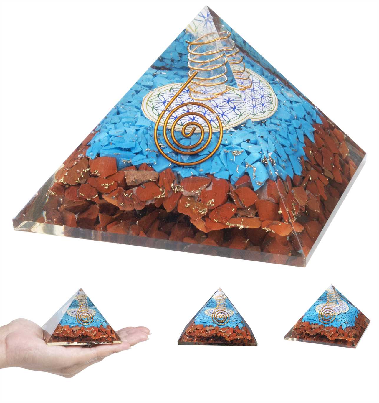 Red Jasper & Turquoise Orgone Pyramid Flower of Life Symbol - 2.5 inch - TheIndianHand