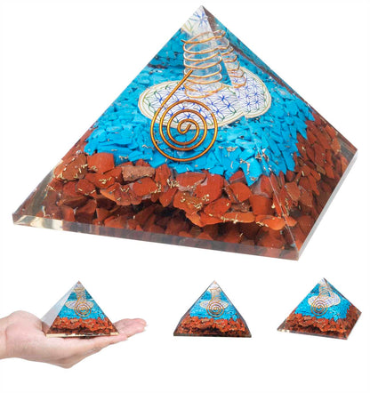Red Jasper & Turquoise Orgone Pyramid Flower of Life Symbol - 2.5 inch - TheIndianHand