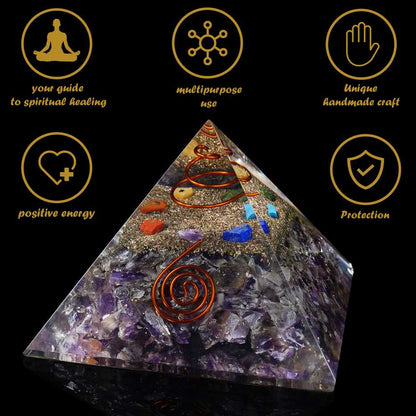 Amethyst Orgone Pyramid Copper Spring Filled with Seven Chakra Gemstones - 2.5-3 inch - TheIndianHand