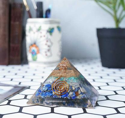 Clear Quartz, Blue Onyx & Lapis Lazuli Balancing Orgone Pyramid - 2.5-3 inch - TheIndianHand