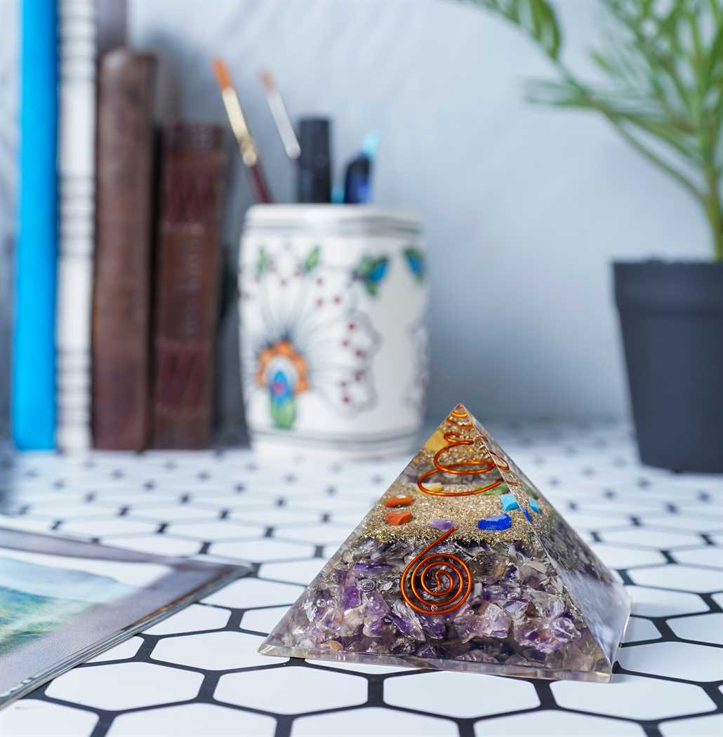 Amethyst Orgone Pyramid Copper Spring Filled with Seven Chakra Gemstones - 2.5-3 inch - TheIndianHand