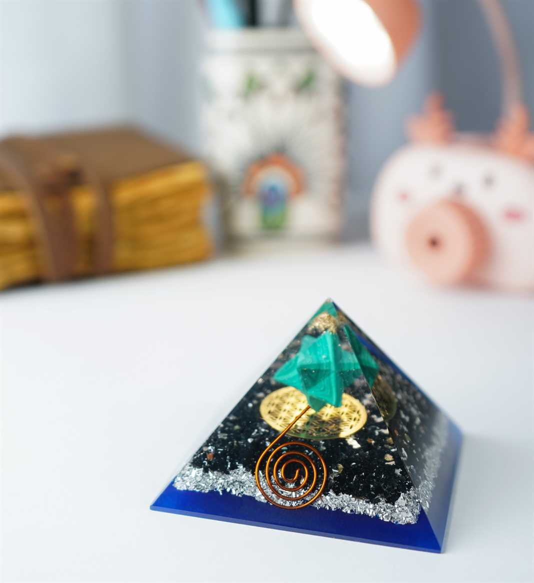 Black Tourmaline Stone Orgone Pyramid with Flower of Life Symbol - 2.5-3 inch - TheIndianHand