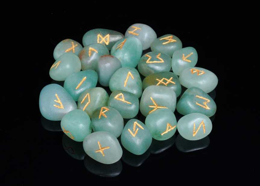Green Aventurine Rune Stones Set Engraved