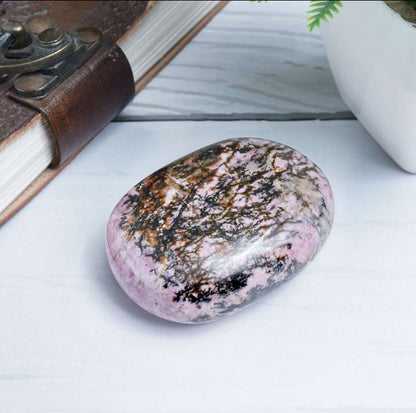 Rhodonite Crystal Palmstone (Emotional Healing, Support Forgiveness) - TheIndianHand