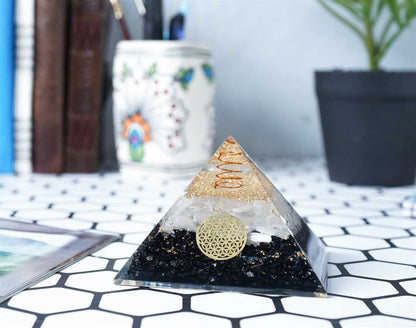 Black Tourmaline & Selenite Orgone Pyramid Crystal Point - 3 inch - TheIndianHand