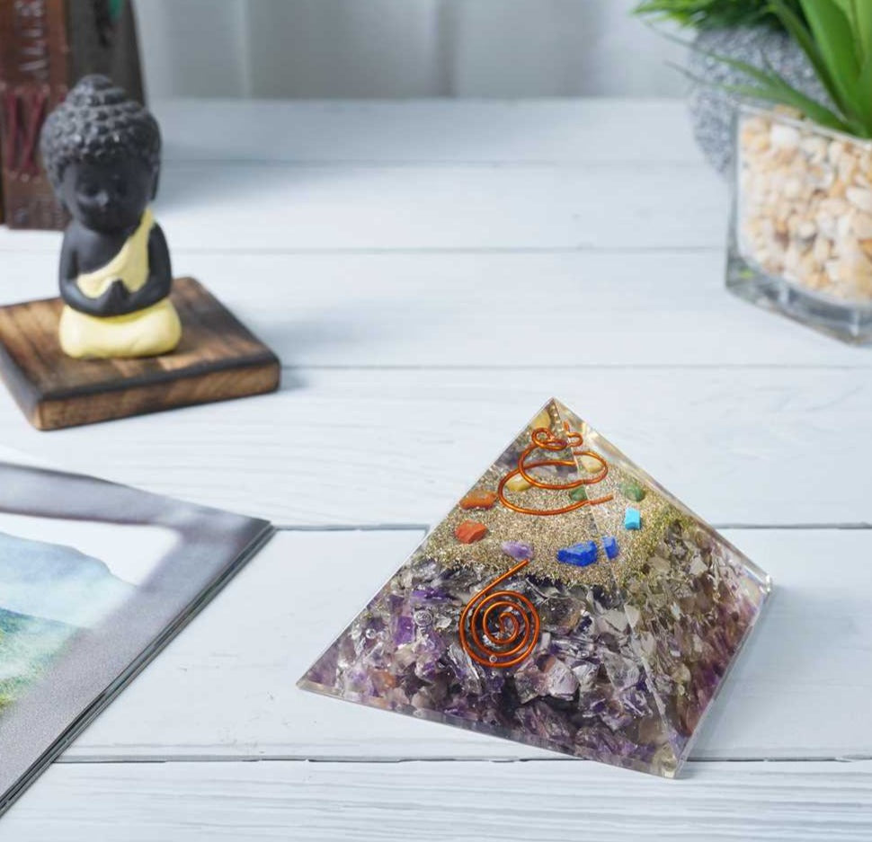 Amethyst Orgone Pyramid Copper Spring Filled with Seven Chakra Gemstones - 2.5-3 inch - TheIndianHand