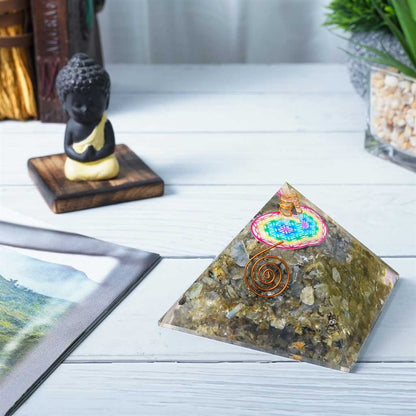 Labradorite Gemstone Orgone Pyramid with Flower of Life Symbol - 3-3.5 inch - TheIndianHand