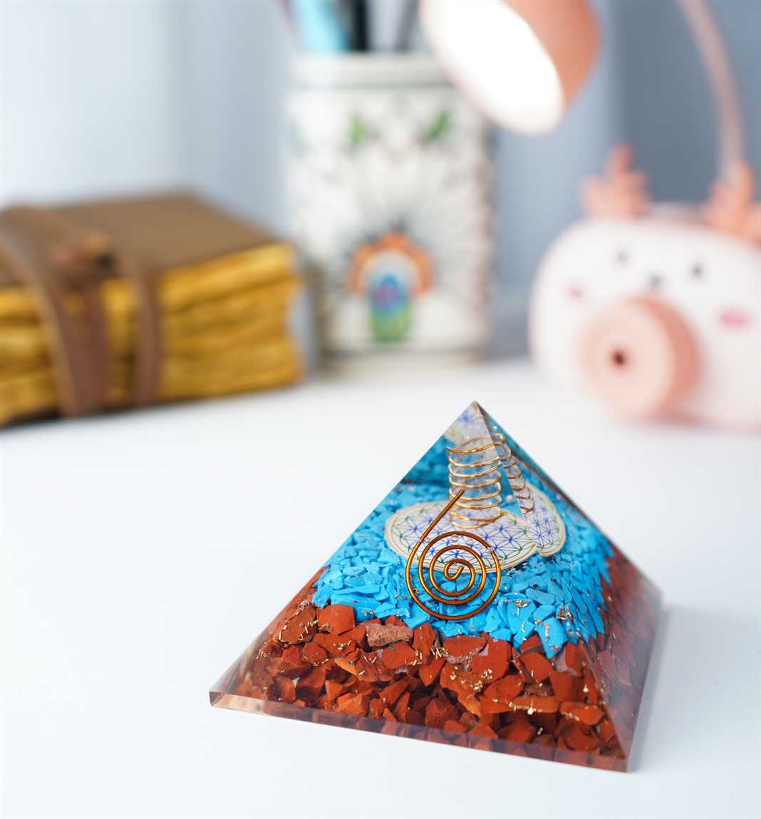 Red Jasper & Turquoise Orgone Pyramid Flower of Life Symbol - 2.5 inch - TheIndianHand