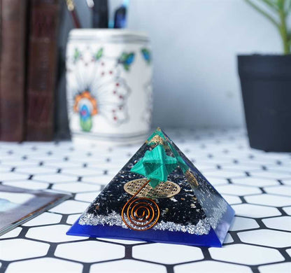 Black Tourmaline Stone Orgone Pyramid with Flower of Life Symbol - 2.5-3 inch - TheIndianHand