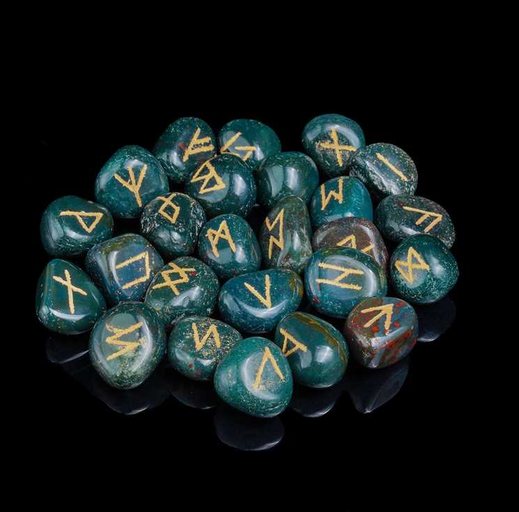 Green Bloodstone Rune Stones Set Engraved