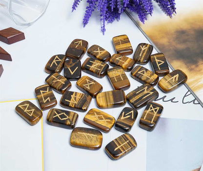 Tiger Eye Gemstone Tumbled Rune Stones 25 pcs Runes Set - TheIndianHand 