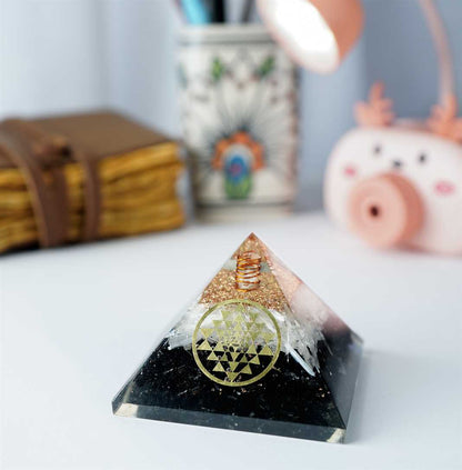 Selenite & Black Tourmaline Orgone Pyramid with Yantra Symbol - 2.5 inch - TheIndianHand