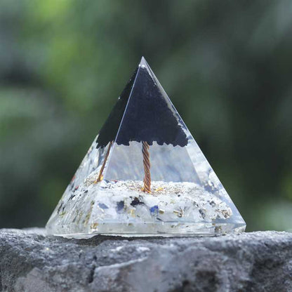 Orgone Rainbow Moonstone Crystal Pyramid Filled with Black Agate Tree - 60-70 mm - TheIndianHand