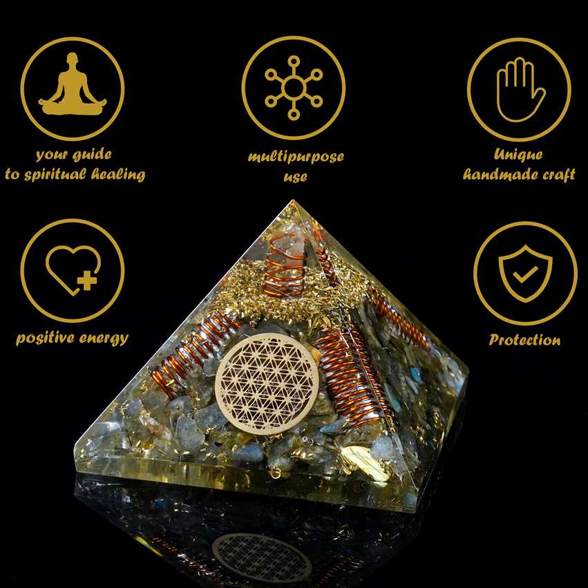 Labradorite Gemstone Orgone Pyramid with Flower of Life Symbol - 2.5-3 inch - TheIndianHand