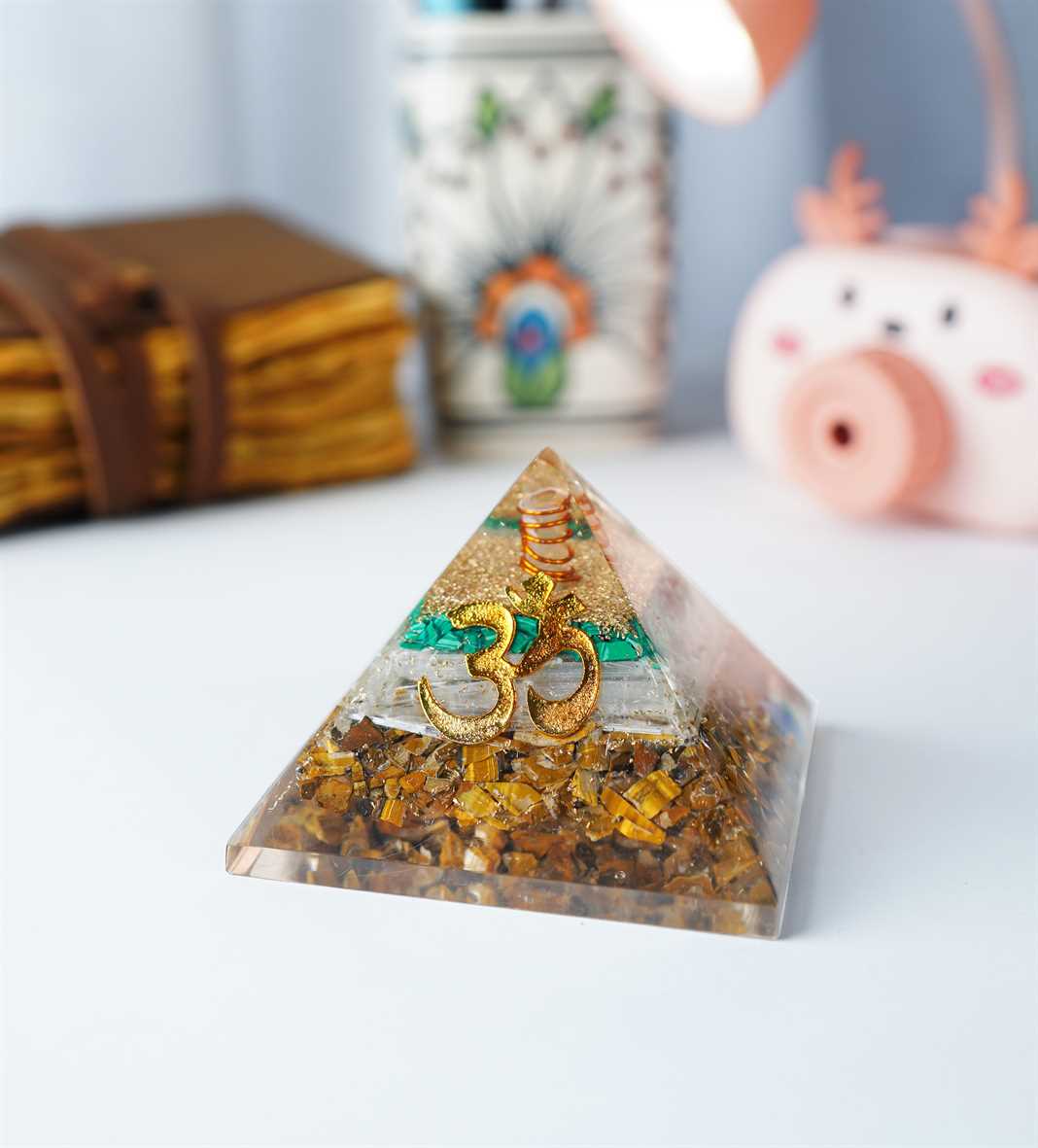 Tiger Eye, Selenite & Green Malachite Orgone Pyramid - 2.5 inch - TheIndianHand