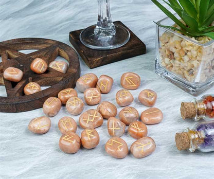 Peach moonstone rune stones set engraved