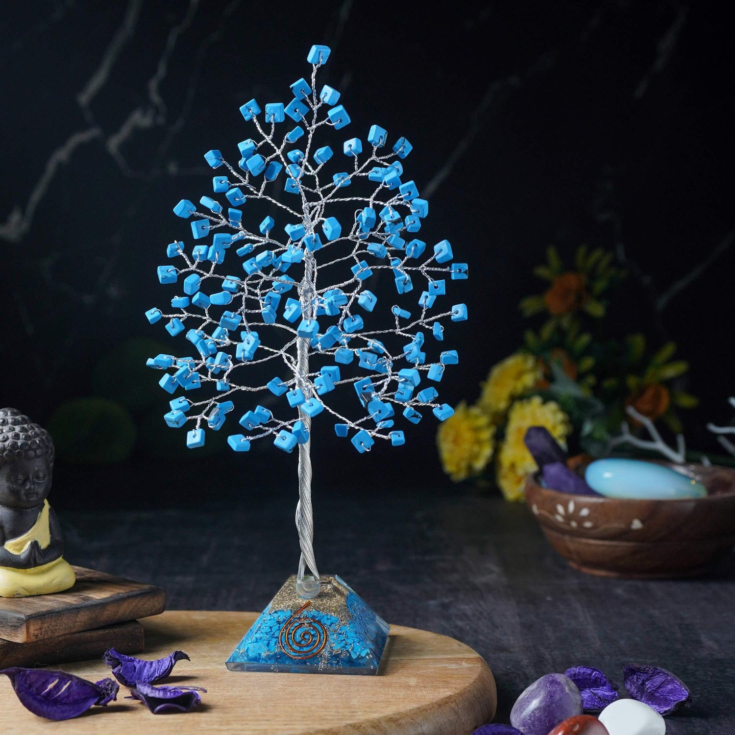 Turquoise Gemstone Tree of Life (Orgone Pyramid Base) - TheIndianHand 