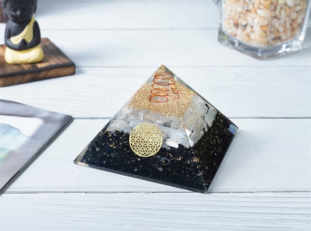 Black Tourmaline & Selenite Orgone Pyramid Crystal Point - 3 inch - TheIndianHand