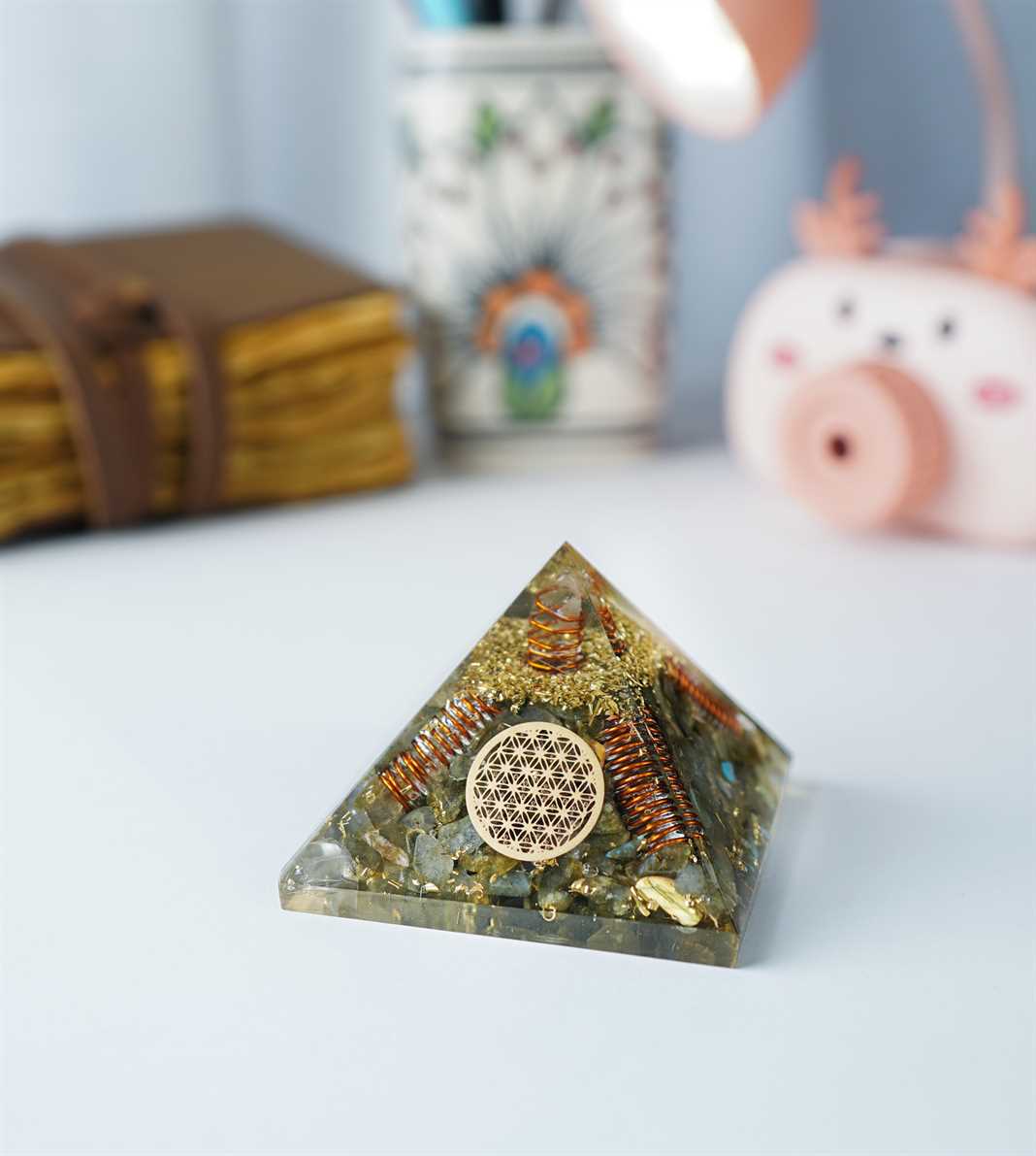 Labradorite Gemstone Orgone Pyramid with Flower of Life Symbol - 2.5-3 inch - TheIndianHand