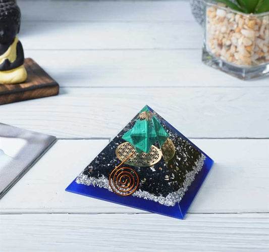 Black Tourmaline Stone Orgone Pyramid with Flower of Life Symbol - 2.5-3 inch - TheIndianHand