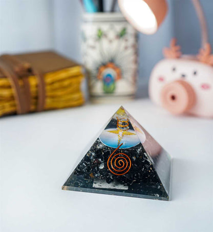 Black Tourmaline Gemstone Orgone Pyramid with Caduceus Symbol - 2.5-3 inch - TheIndianHand