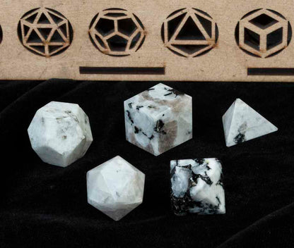 Rainbow Moonstone Platonic Solids Crystal Geometry Set (15-20 mm)