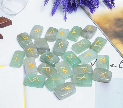 Green Jade Rectangle Shape Gemstone Runes 25 pcs Rune Set