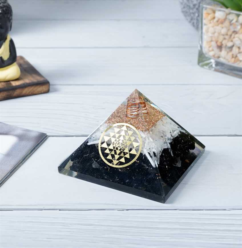 Selenite & Black Tourmaline Orgone Pyramid with Yantra Symbol - 2.5 inch - TheIndianHand