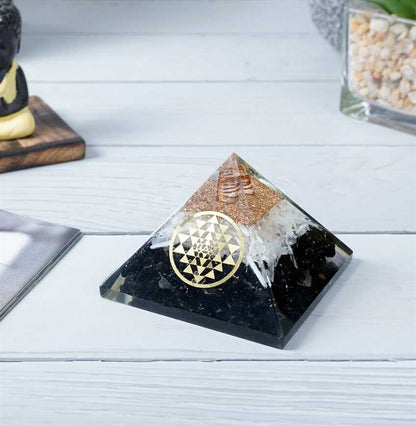 Selenite & Black Tourmaline Orgone Pyramid with Yantra Symbol - 2.5 inch - TheIndianHand