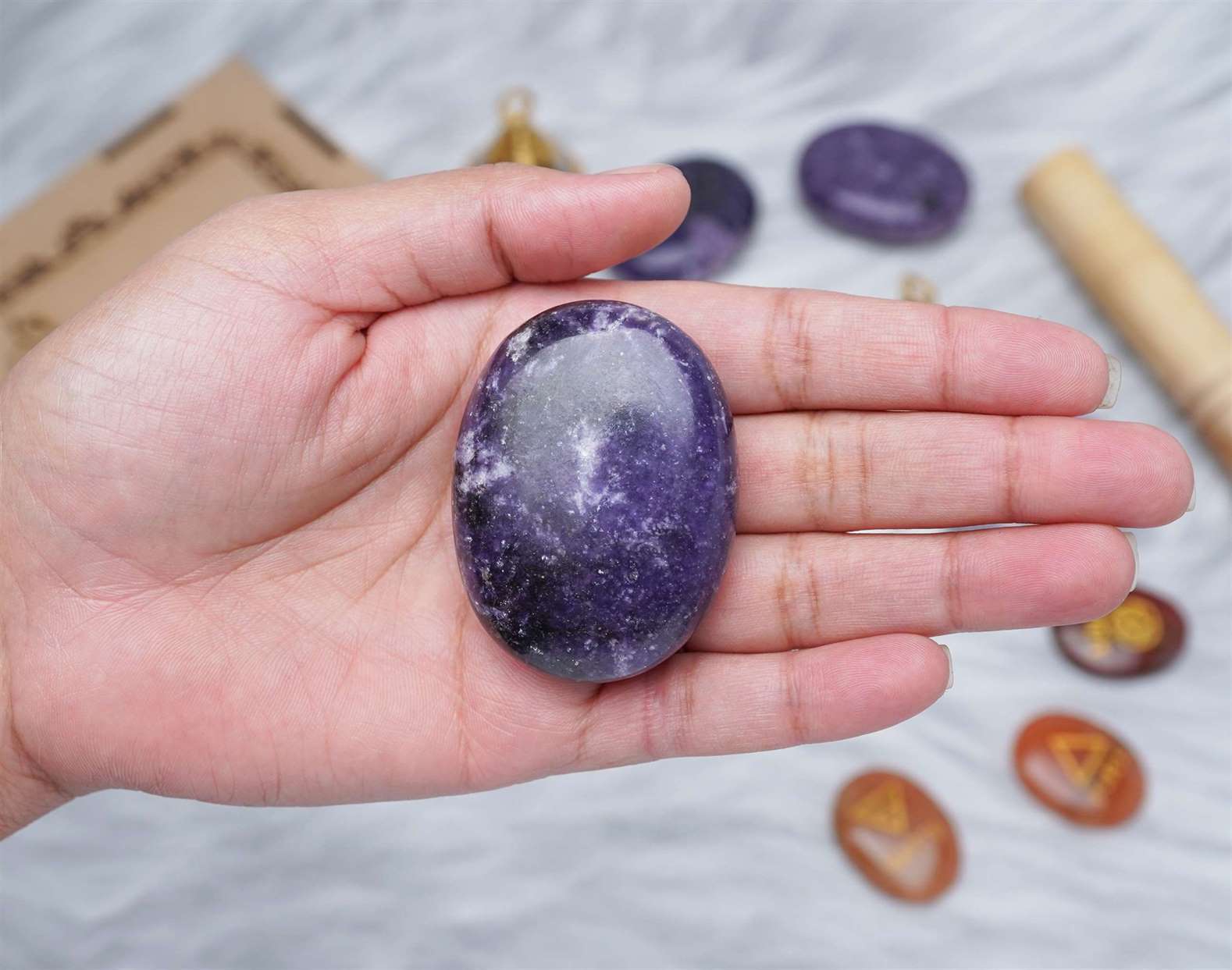 Lepidolite Crystal Palmstone (Emotional Harmony, Reduce Anxiety) - TheIndianHand