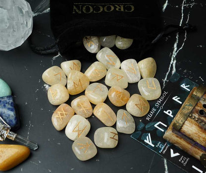 Yellow Jade Rune Stones Set Engraved