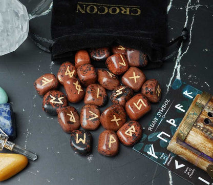 Mahogany Obsidian Rune Stones Set Engraved - TheIndianHand 