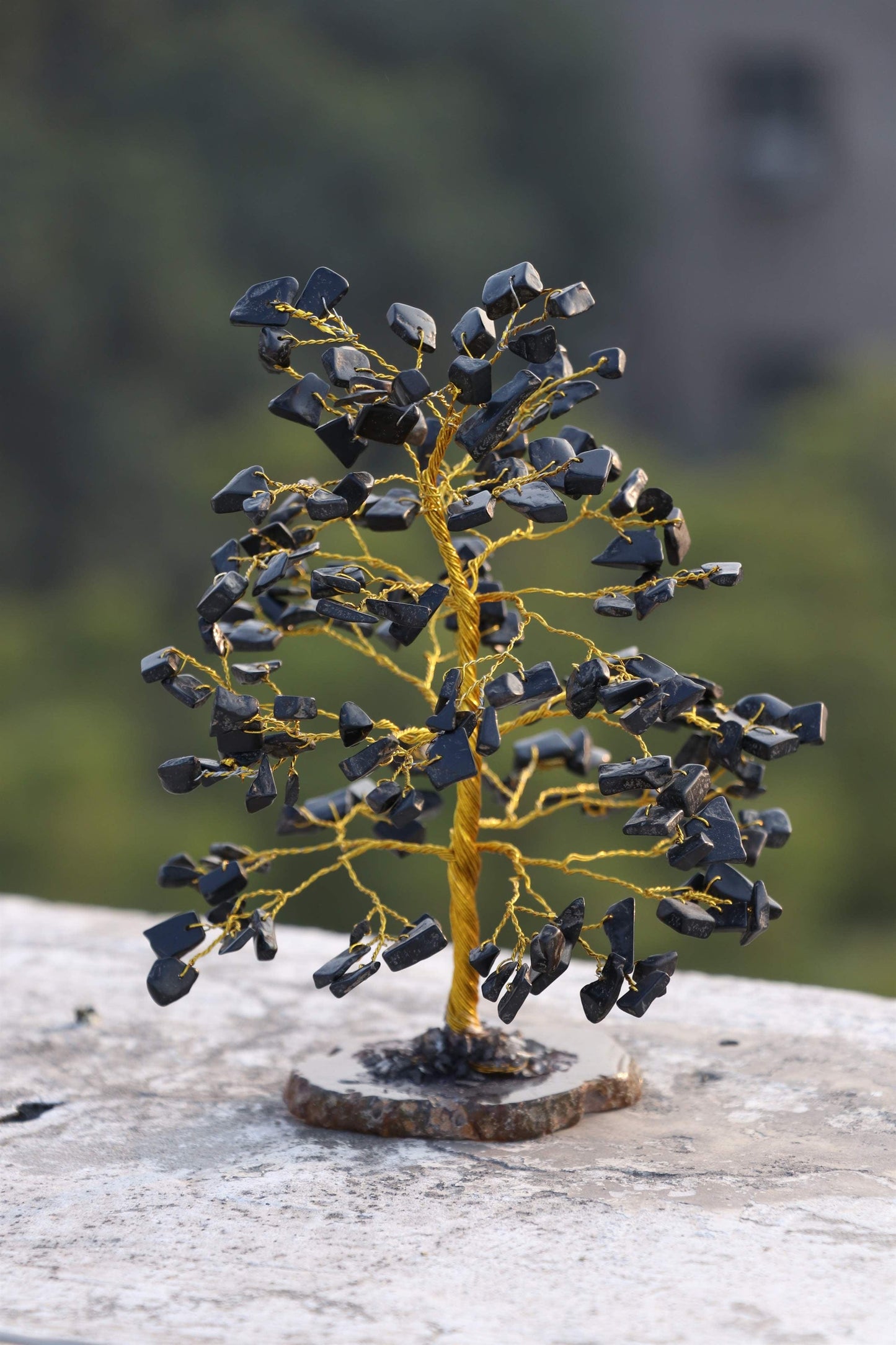 Black Tourmaline Gemstone Tree of Life (Geode Agate Slice Base)