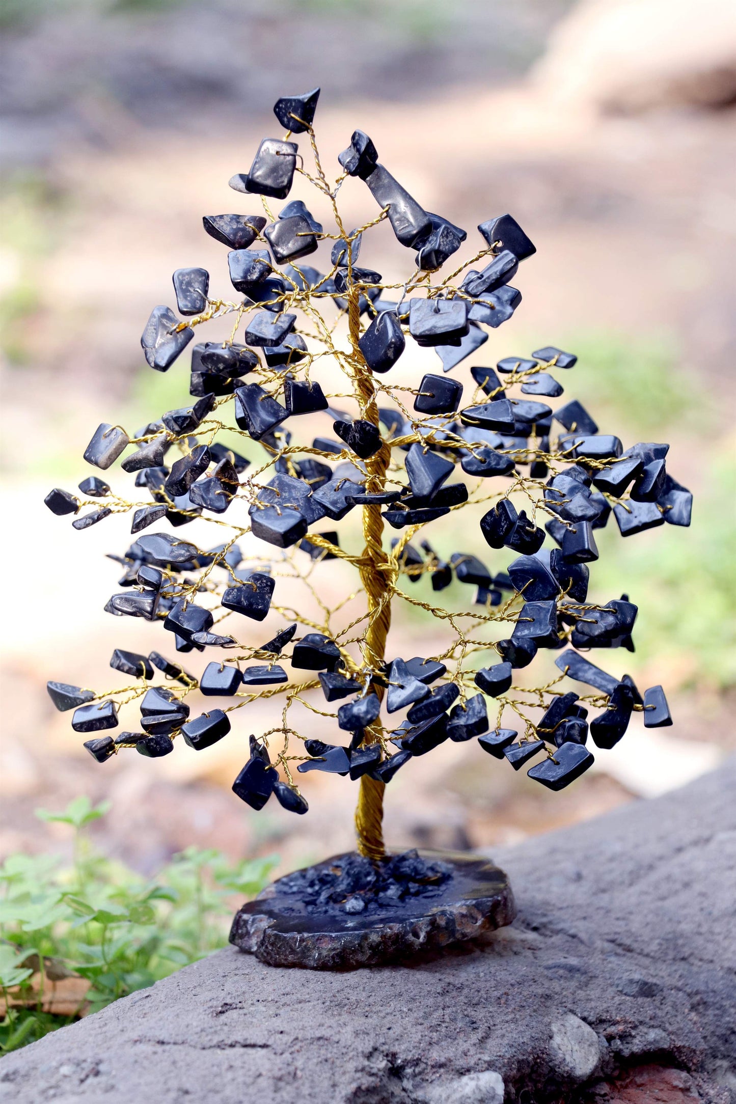 Black Tourmaline Gemstone Tree of Life (Geode Agate Slice Base)